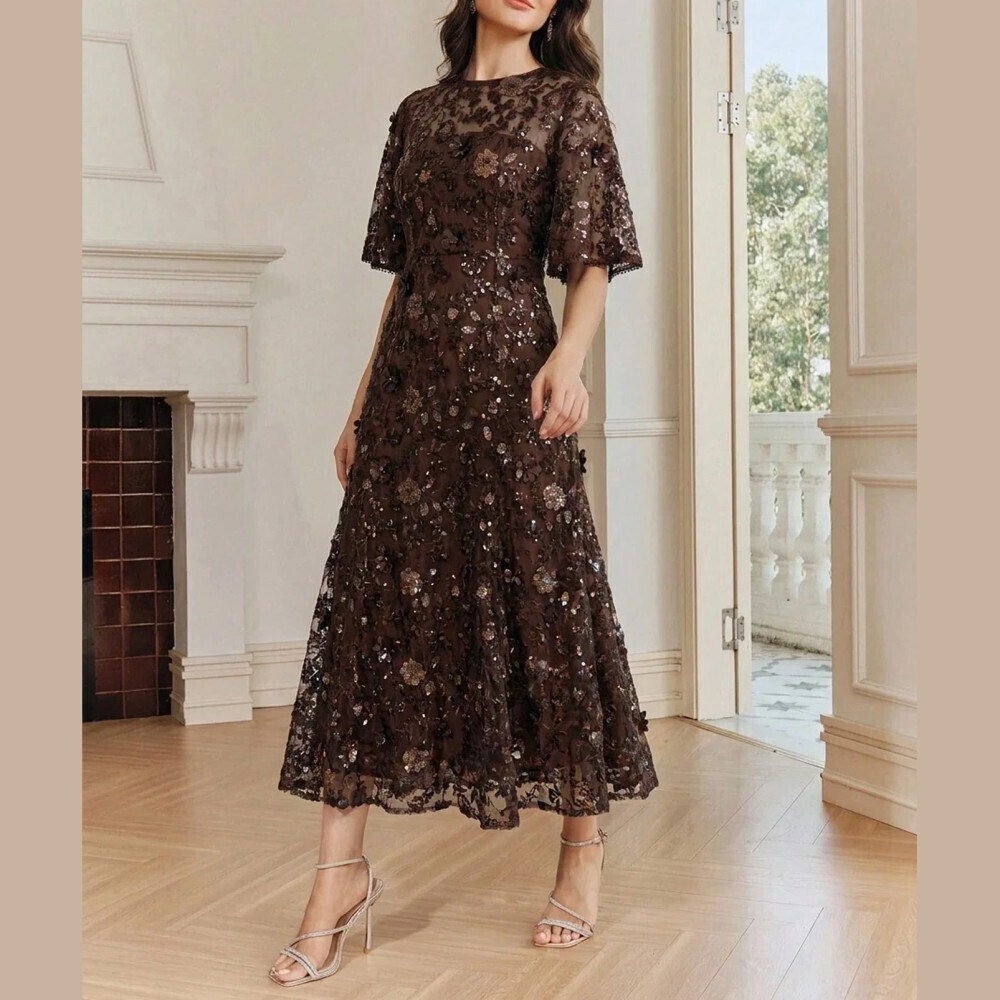 Brown Sequin Floral Embroidered Mesh Flutter Sleeve Maxi Dress
